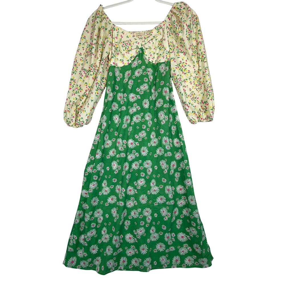 SundayUp Cottagecore Smocked‎ Puff Sleeve Midi Dress Womens Size S Green Retro